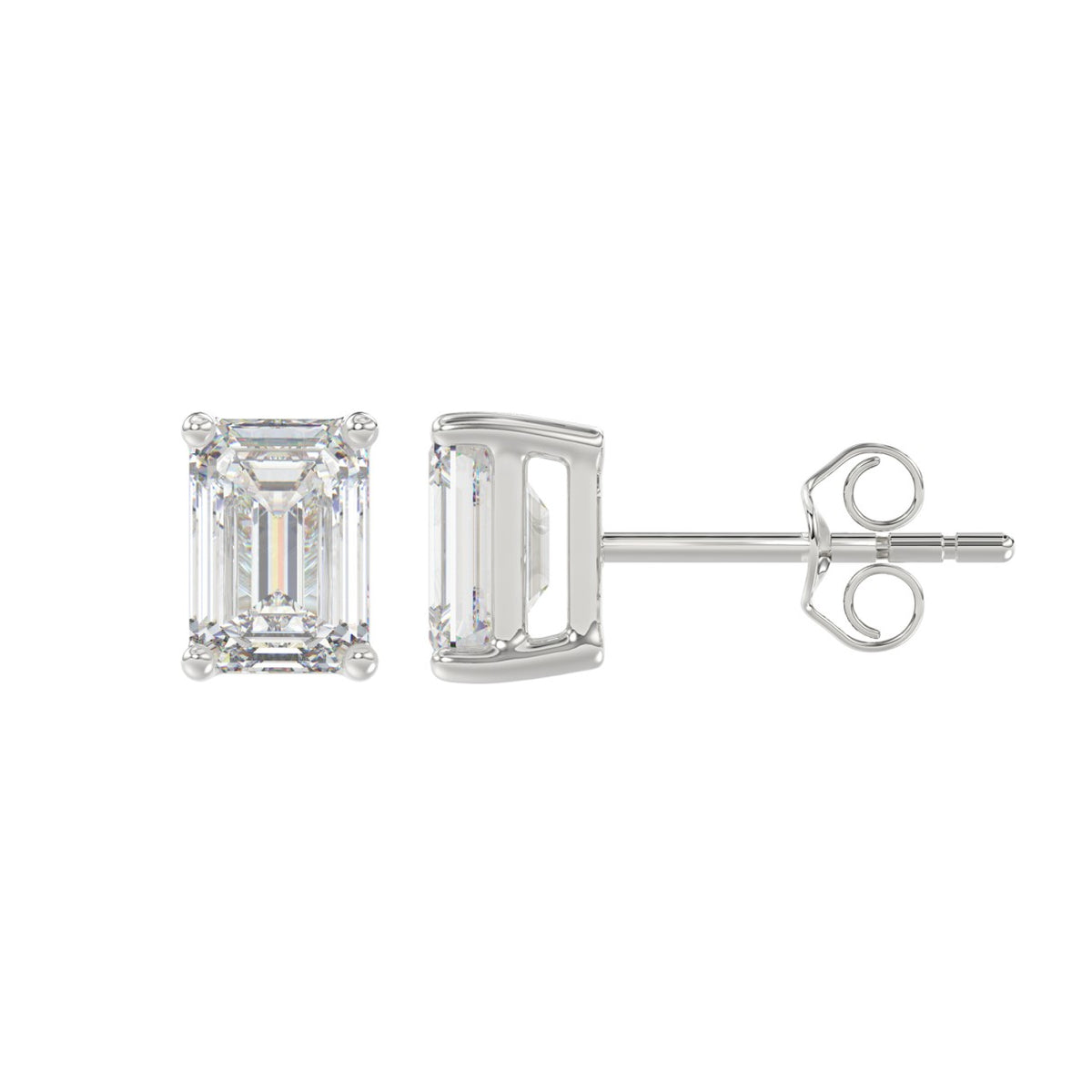 Lab Diamond 4-Prong Emerald Cut Stud Earring - 14K White Gold