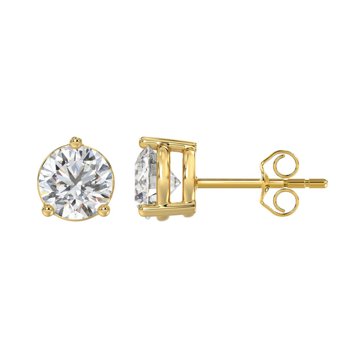 3 Prong Basket Pushback Stud Earrings - 14K Yellow Gold