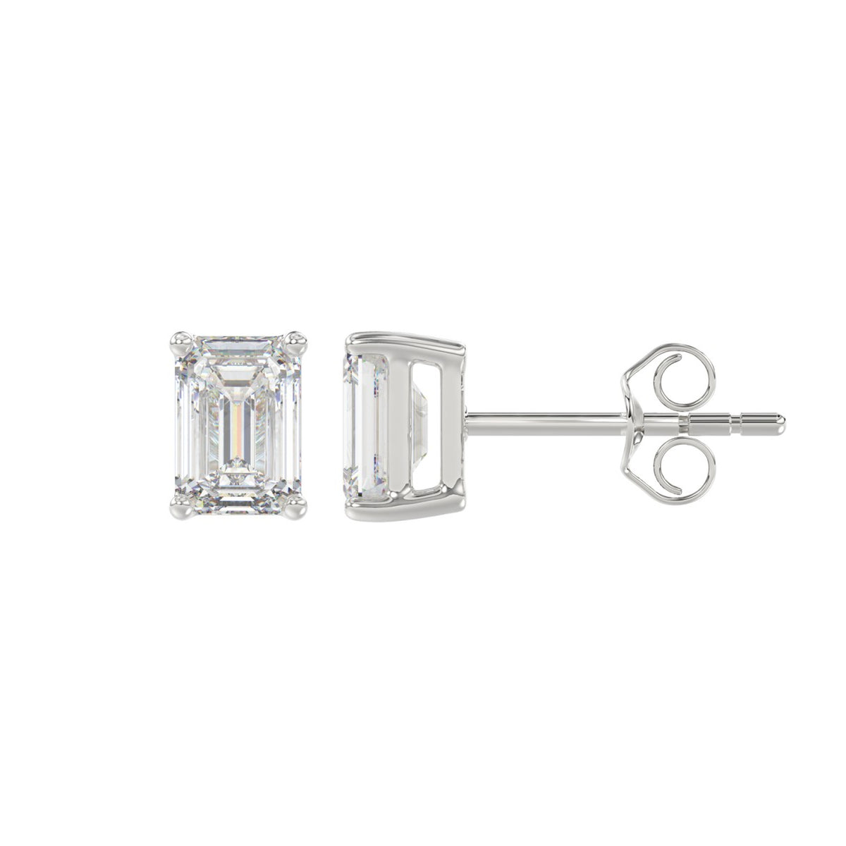 Lab Diamond 4-Prong Emerald Cut Stud Earring - 14K White Gold