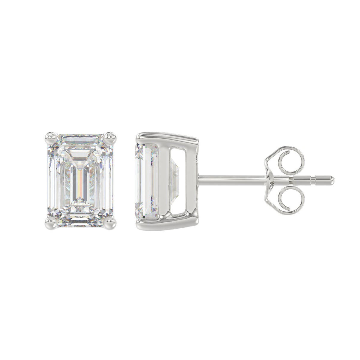 Lab Diamond 4-Prong Emerald Cut Stud Earring - 14K White Gold