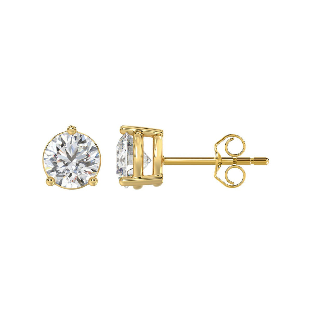 3 Prong Basket Pushback Stud Earrings - 14K Yellow Gold