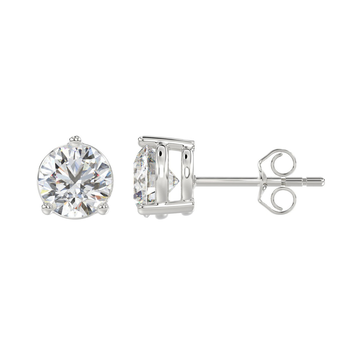 3 Prong Basket Pushback Stud Earrings - 14K White Gold
