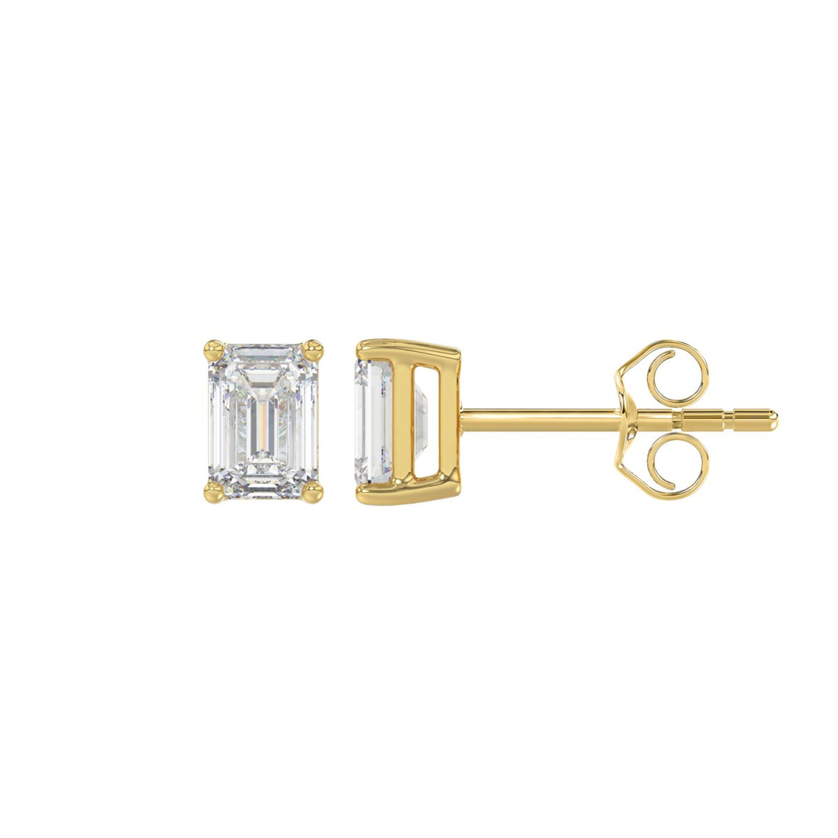 Lab Diamond 4-Prong Emerald Cut Stud Earring - 14K Yellow Gold