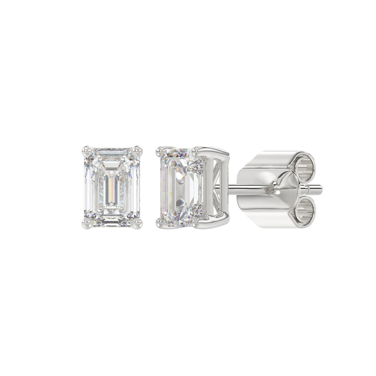 Lab Diamond 4-Prong Emerald Cut Stud Earring - 14K White Gold