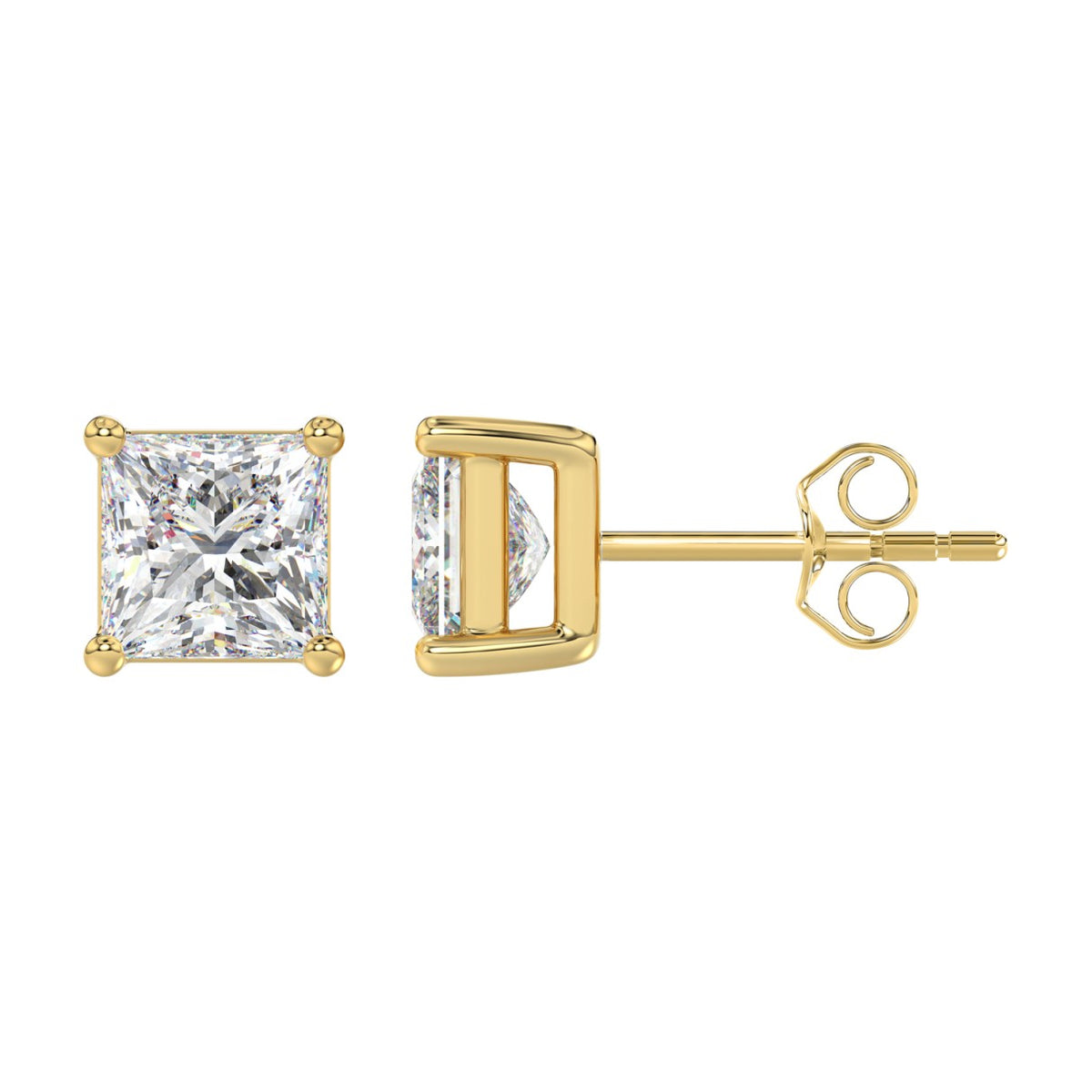 Lab Diamond 4-Prong Princess Stud Earring - 14K Yellow Gold