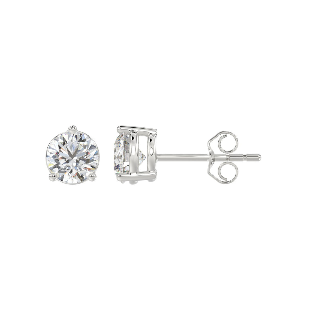 3 Prong Basket Pushback Stud Earrings - 10K White Gold