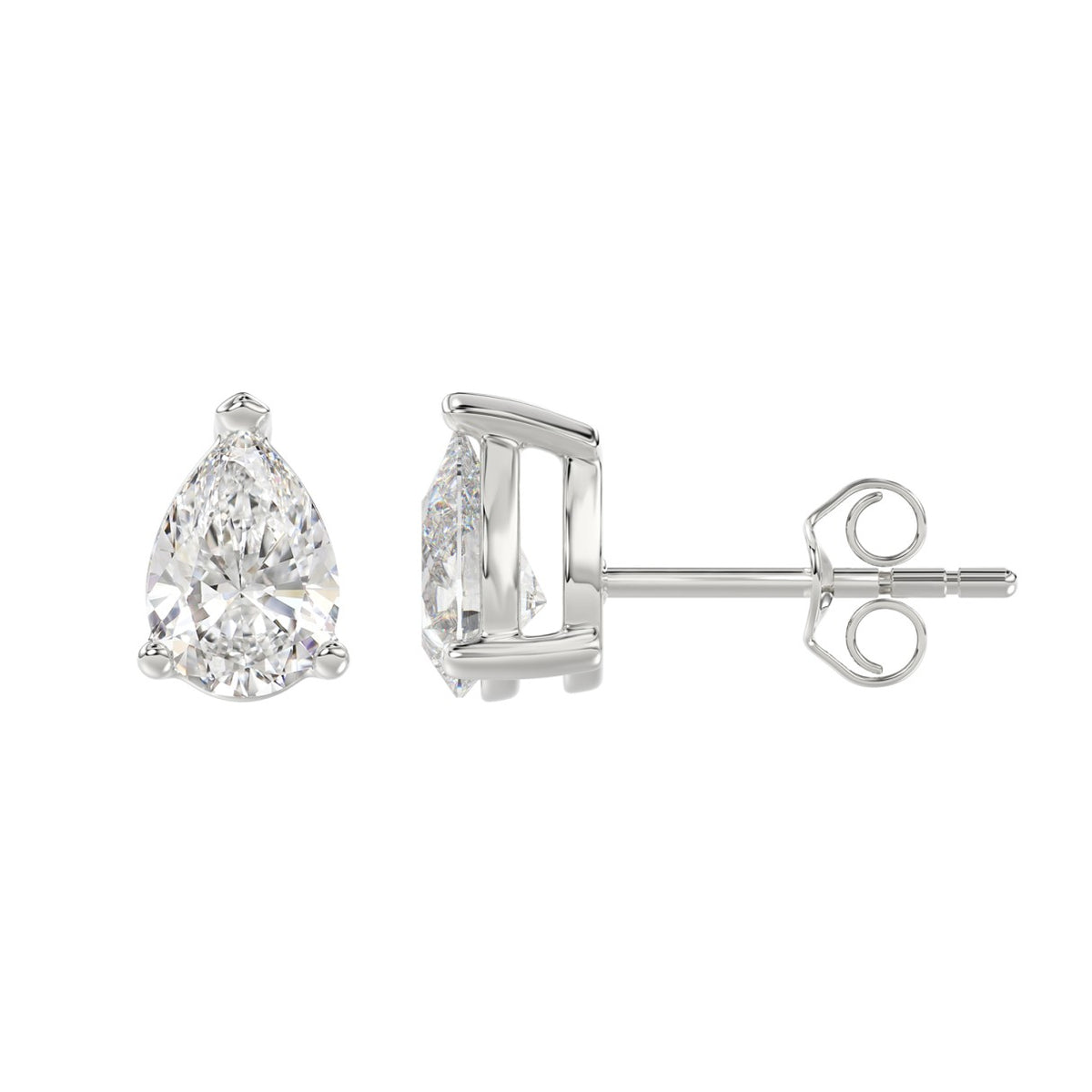 Lab Diamond 3-Prong Pear Stud Earring - 14K White Gold