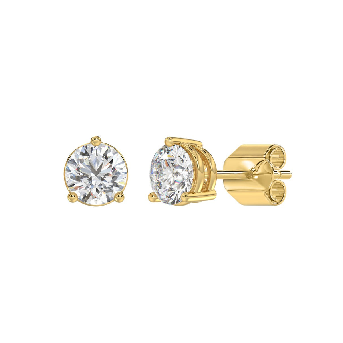 3 Prong Basket Pushback Stud Earrings - 14K Yellow Gold