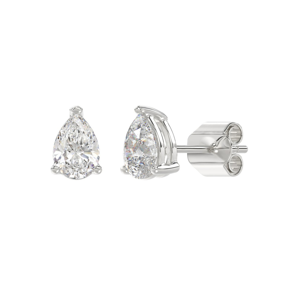 Lab Diamond 3-Prong Pear Stud Earring - 14K White Gold