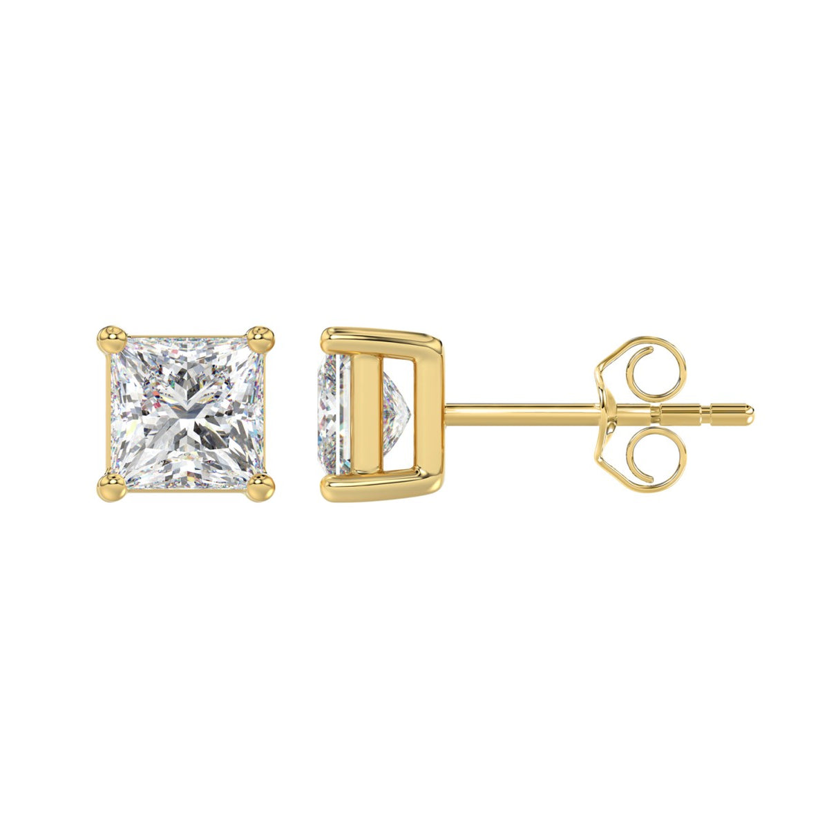 Lab Diamond 4-Prong Princess Stud Earring - 14K Yellow Gold