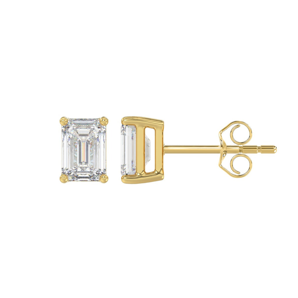Lab Diamond 4-Prong Emerald Cut Stud Earring - 14K Yellow Gold