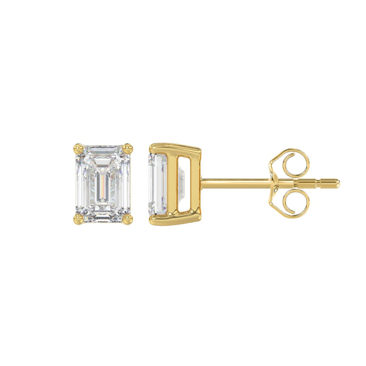 Lab Diamond 4-Prong Emerald Cut Stud Earring - 14K Yellow Gold