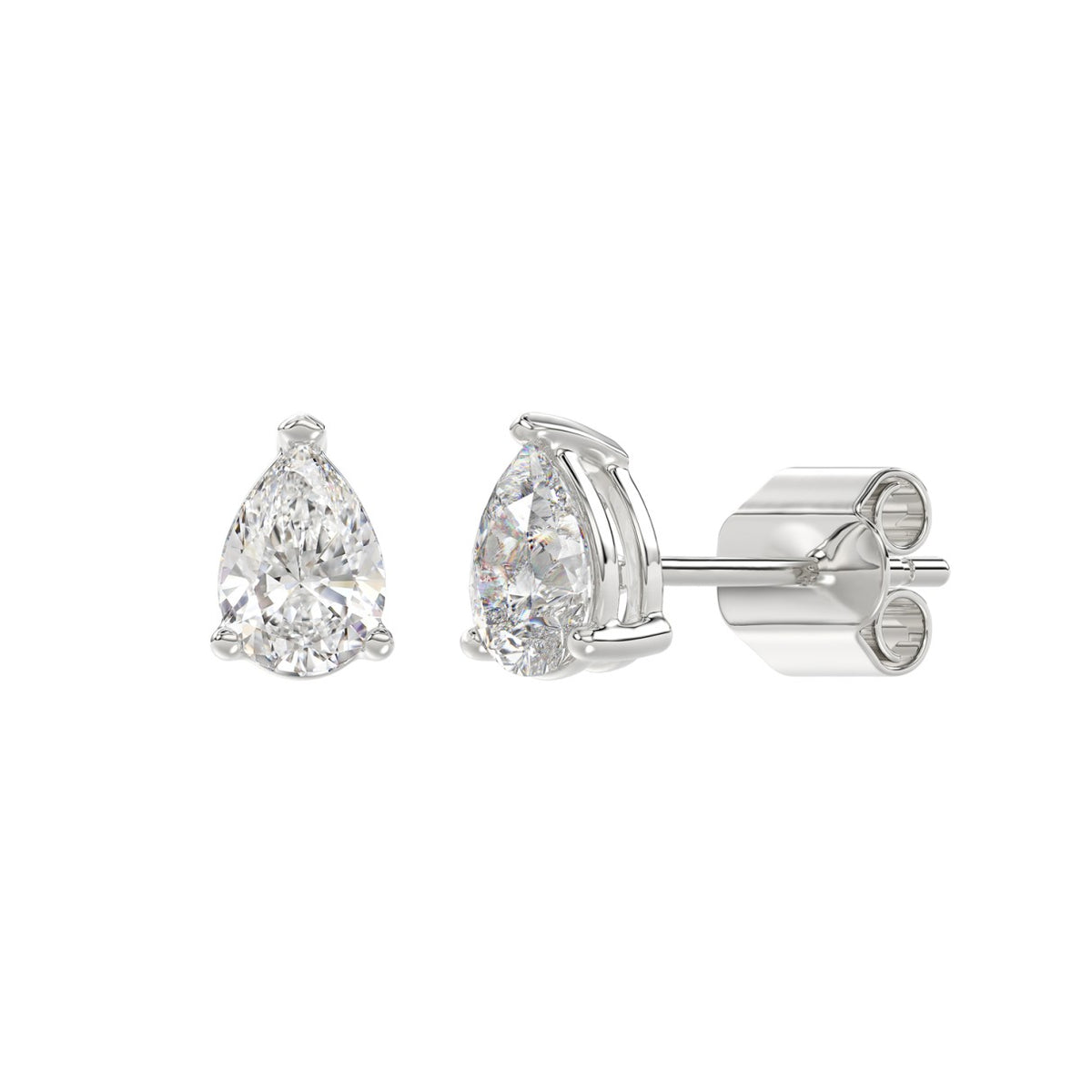 Lab Diamond 3-Prong Pear Stud Earring - 14K White Gold