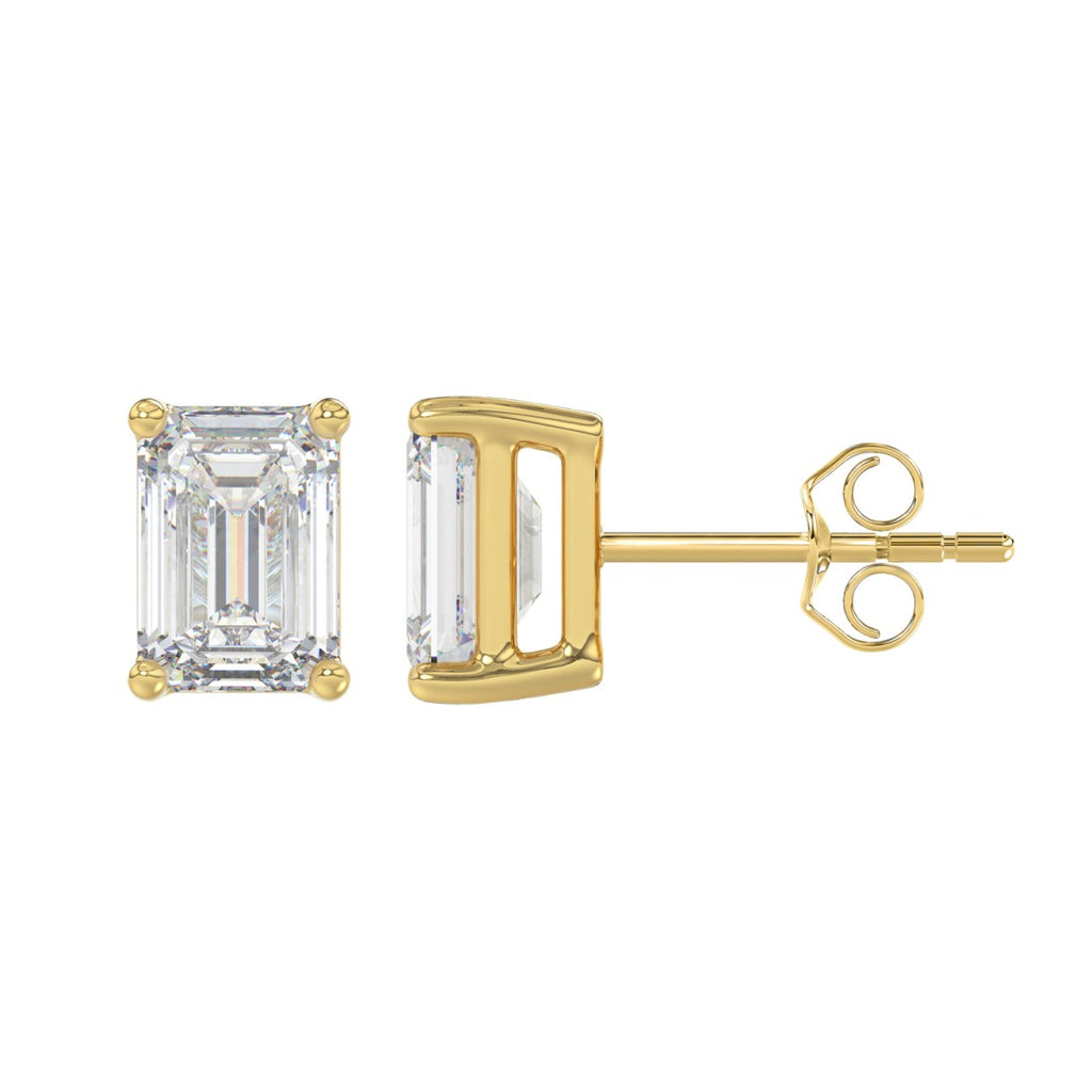 Lab Diamond 4-Prong Emerald Cut Stud Earring - 14K Yellow Gold