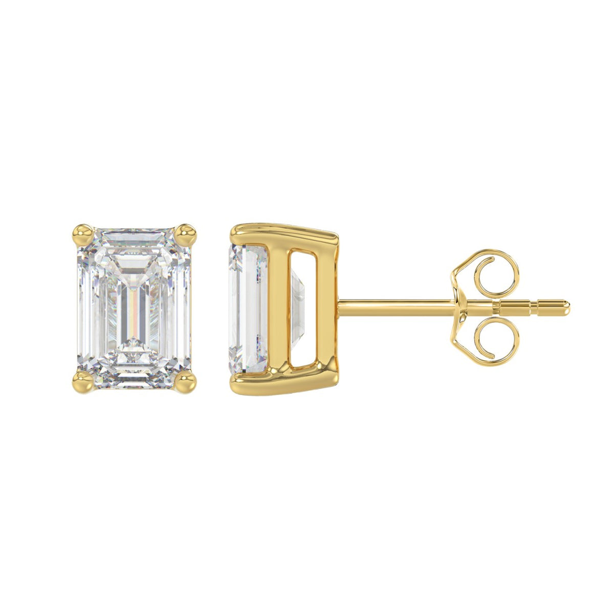 Lab Diamond 4-Prong Emerald Cut Stud Earring - 14K Yellow Gold