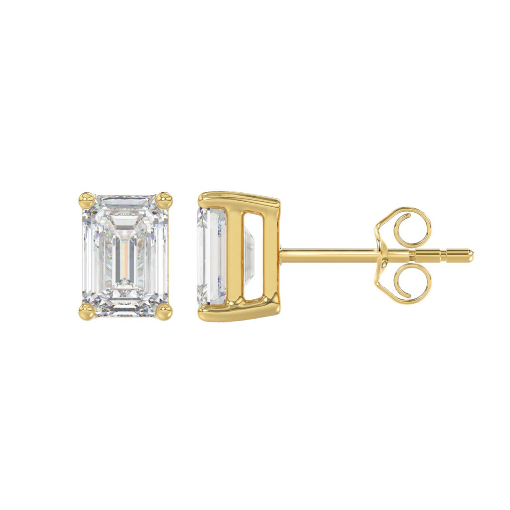 Lab Diamond 4-Prong Emerald Cut Stud Earring - 14K Yellow Gold