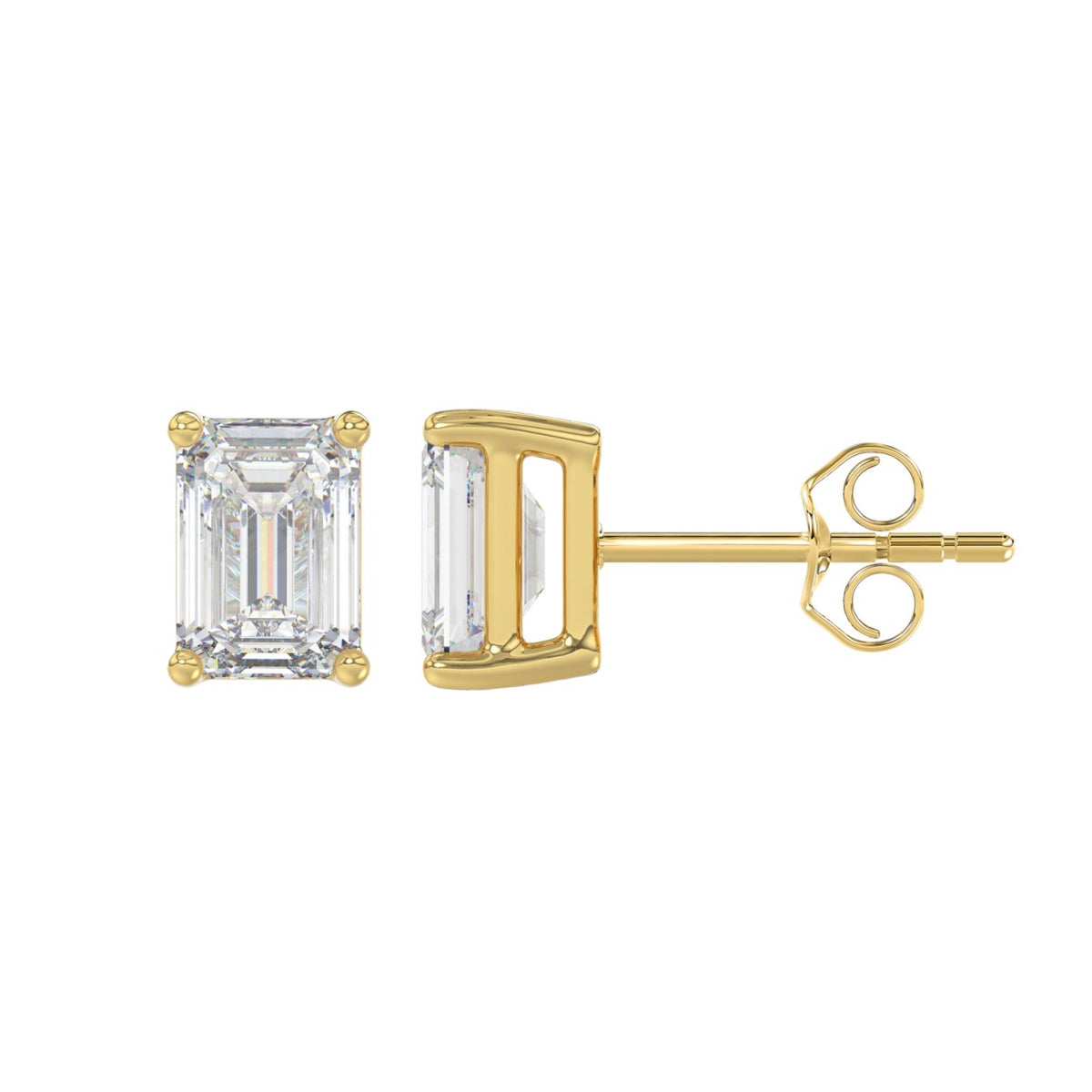 Lab Diamond 4-Prong Emerald Cut Stud Earring - 14K Yellow Gold