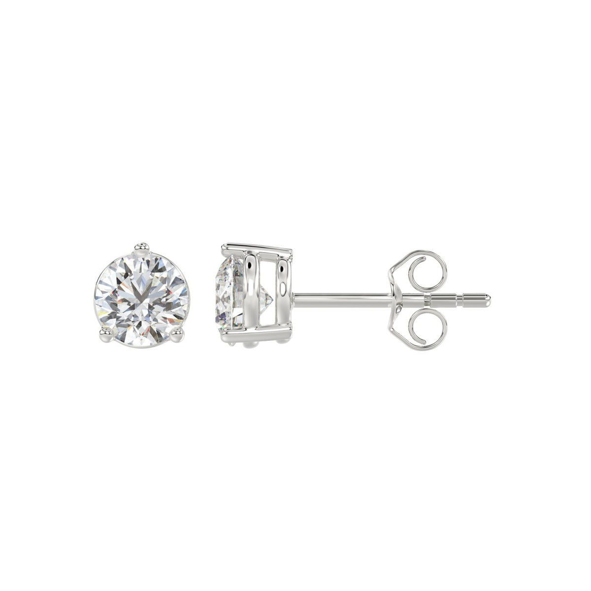 3 Prong Basket Pushback Stud Earrings - 10K White Gold
