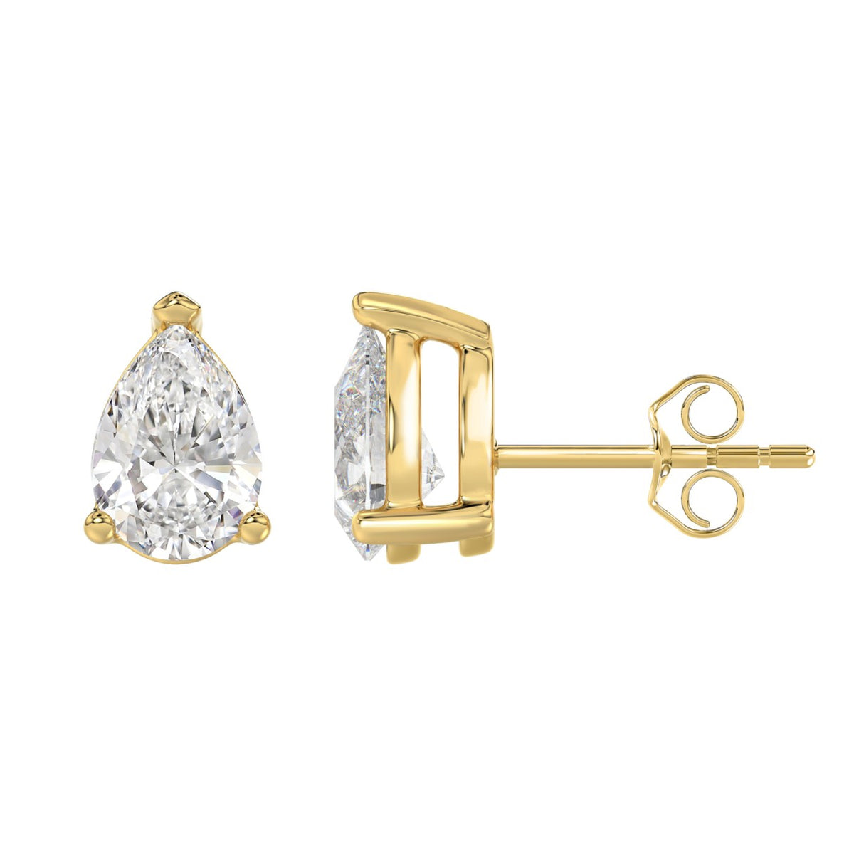 Lab Diamond 3-Prong Pear Stud Earring - 14K Yellow Gold