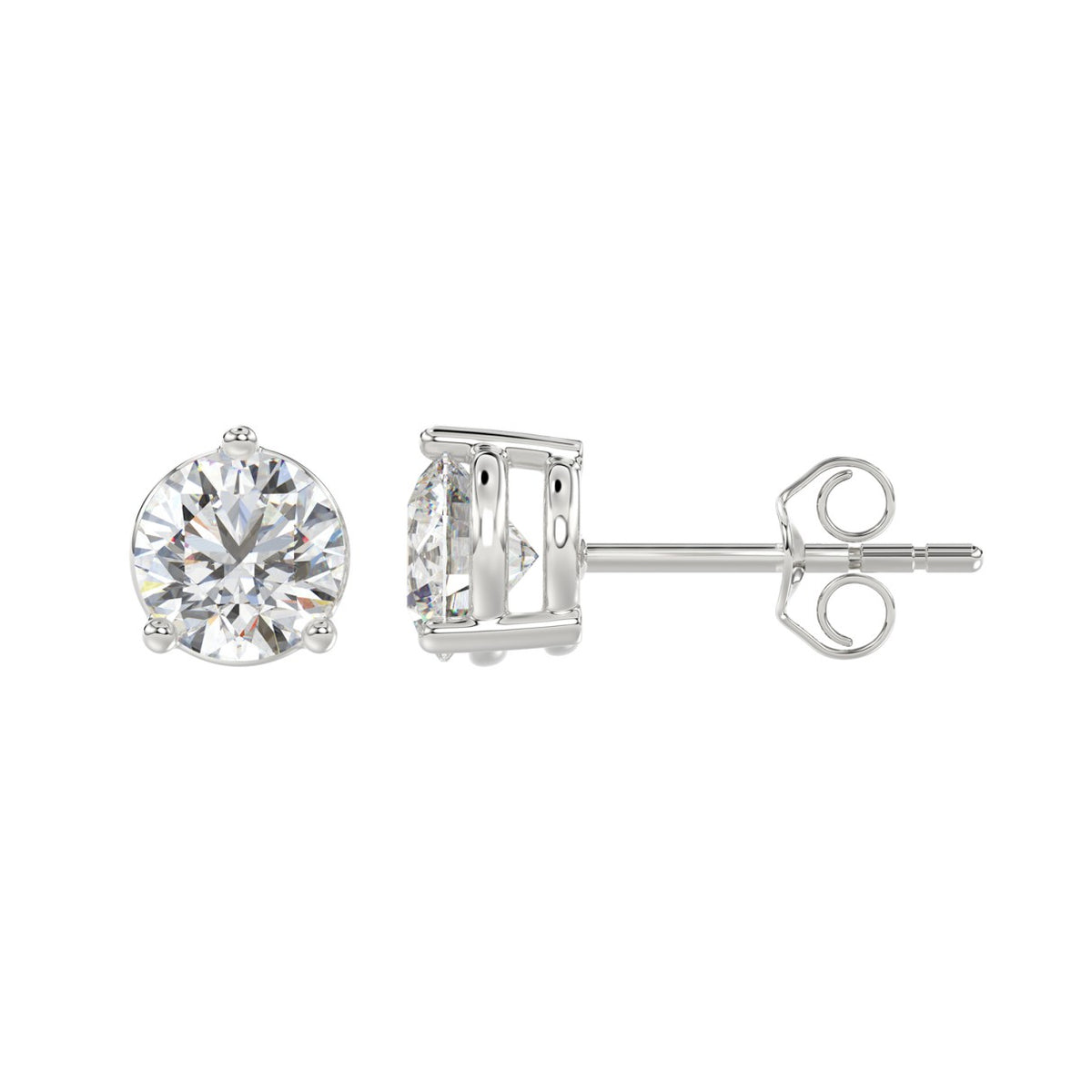 3 Prong Basket Pushback Stud Earrings - 10K White Gold