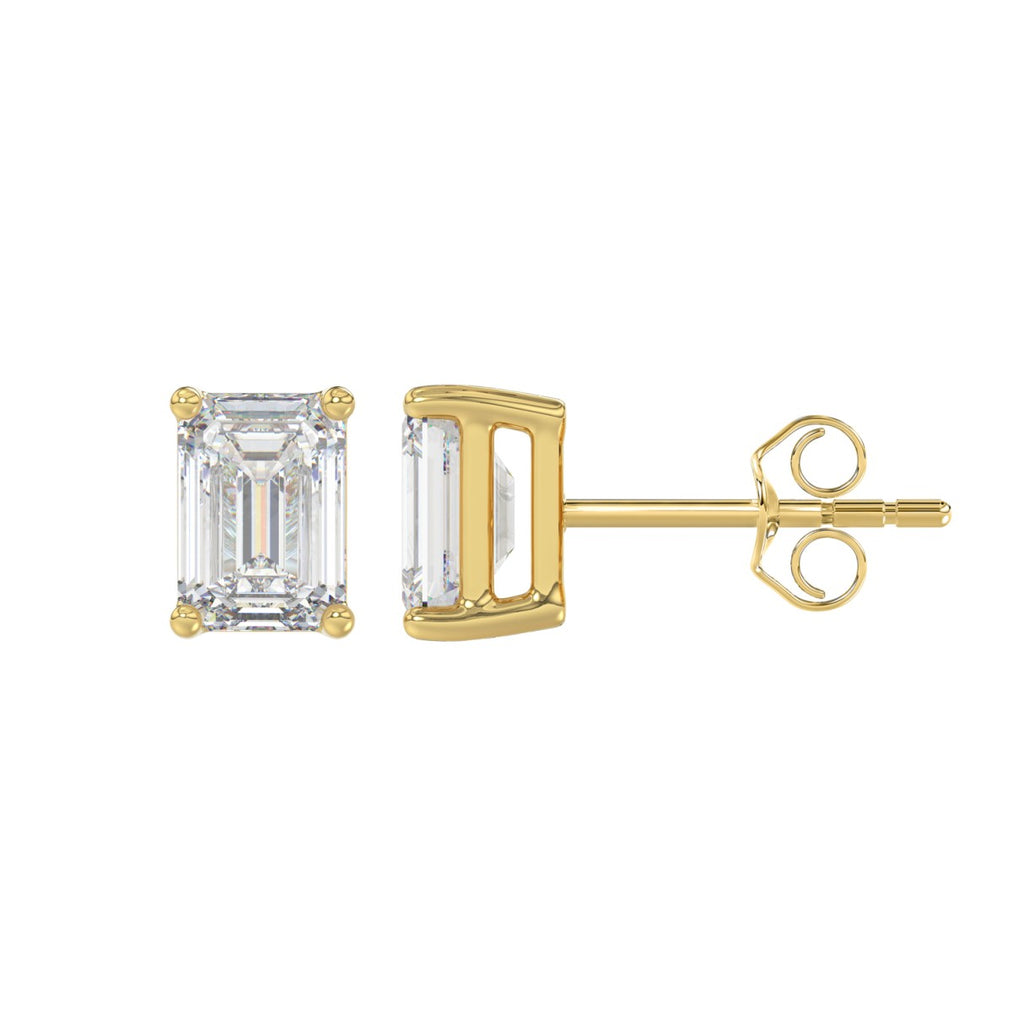 Lab Diamond 4-Prong Emerald Cut Stud Earring - 14K Yellow Gold