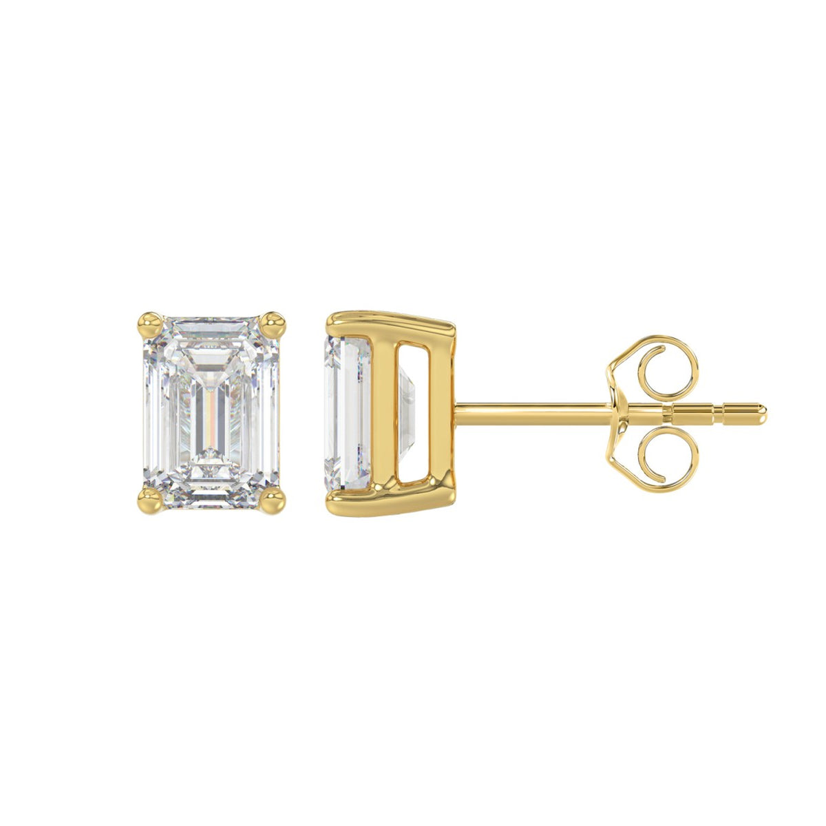 Lab Diamond 4-Prong Emerald Cut Stud Earring - 14K Yellow Gold