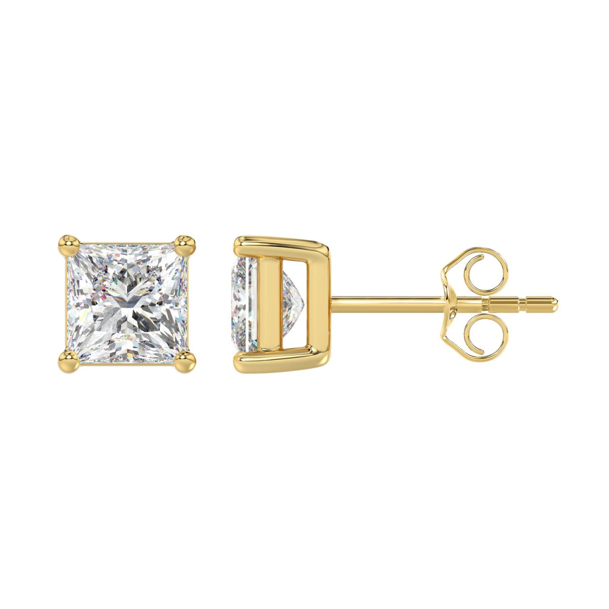 Lab Diamond 4-Prong Princess Stud Earring - 14K Yellow Gold