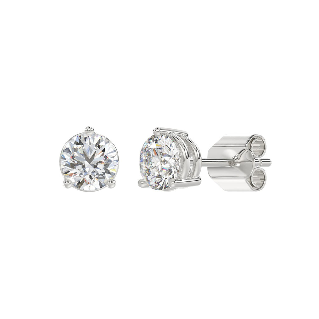 3 Prong Basket Pushback Stud Earrings - 14K White Gold