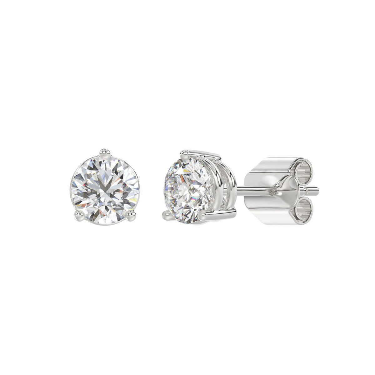 3 Prong Basket Pushback Stud Earrings - 14K White Gold