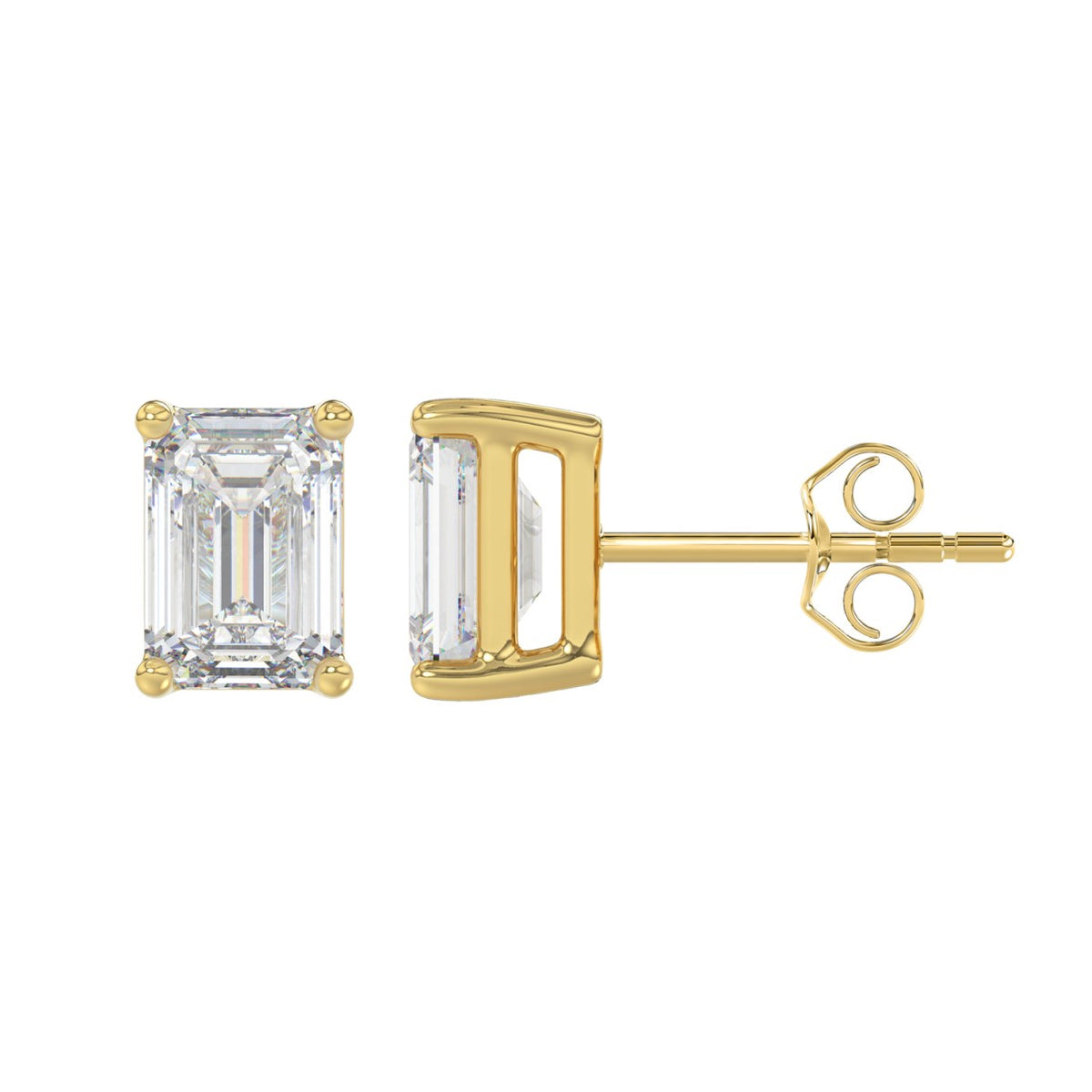 Lab Diamond 4-Prong Emerald Cut Stud Earring - 14K Yellow Gold