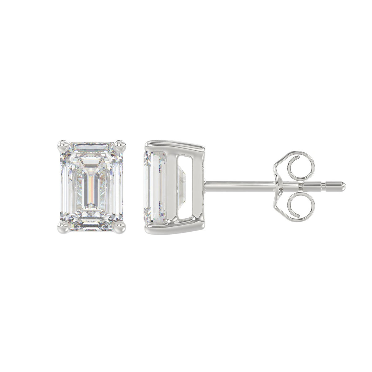 Lab Diamond 4-Prong Emerald Cut Stud Earring - 14K White Gold