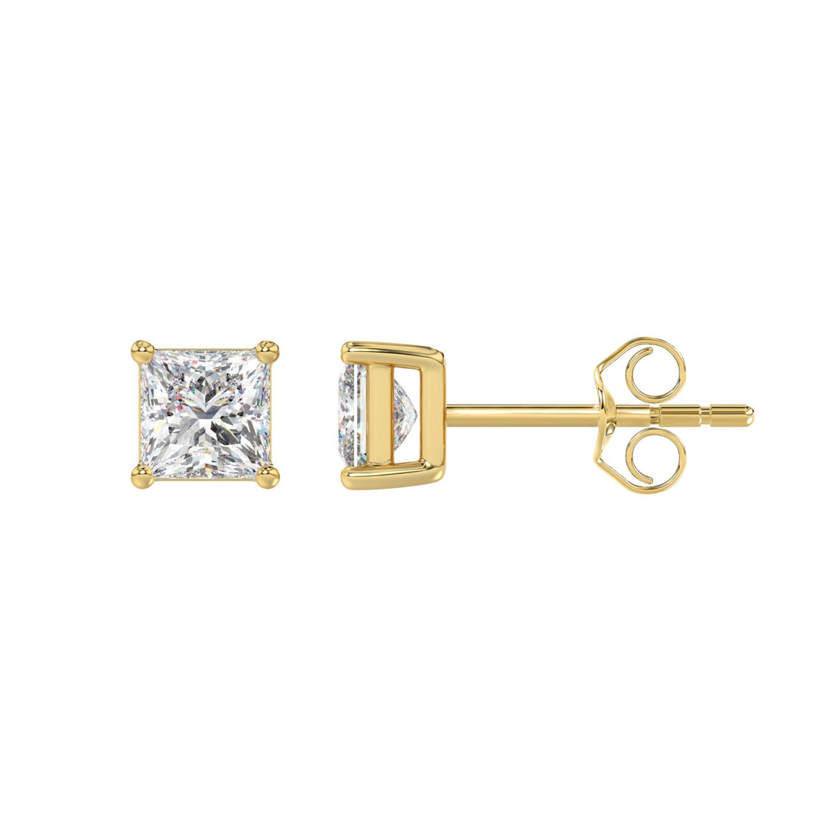 Lab Diamond 4-Prong Princess Stud Earring - 14K Yellow Gold