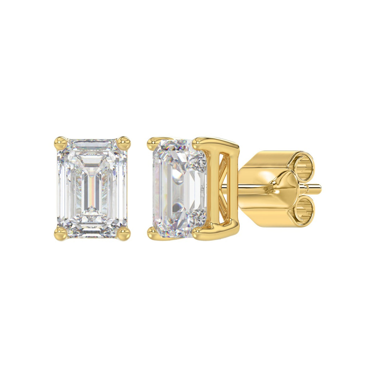 Lab Diamond 4-Prong Emerald Cut Stud Earring - 14K Yellow Gold