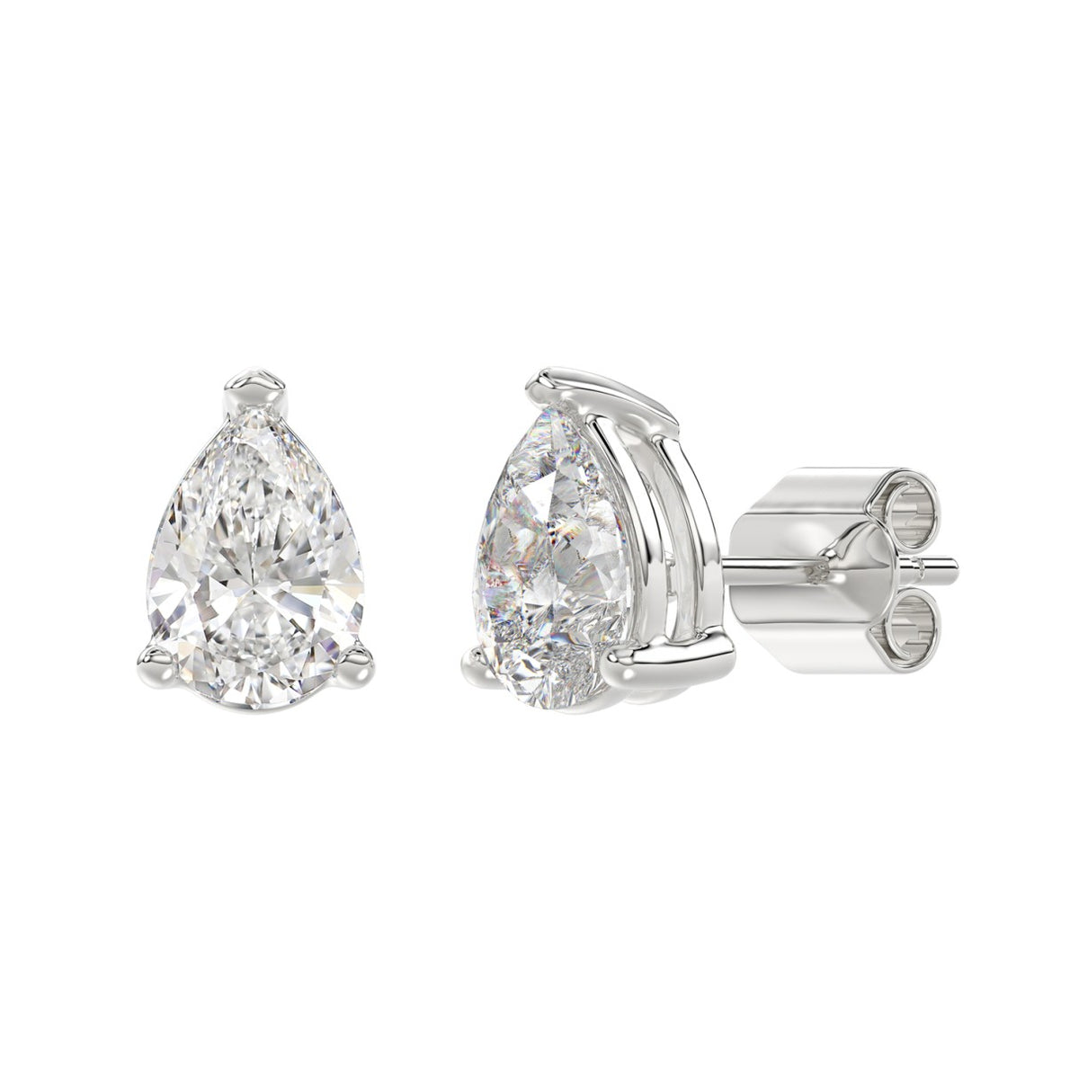 Lab Diamond 3-Prong Pear Stud Earring - 14K White Gold