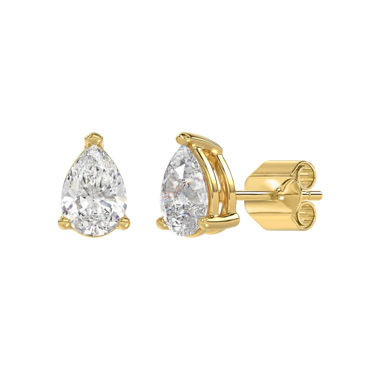 Lab Diamond 3-Prong Pear Stud Earring - 14K Yellow Gold