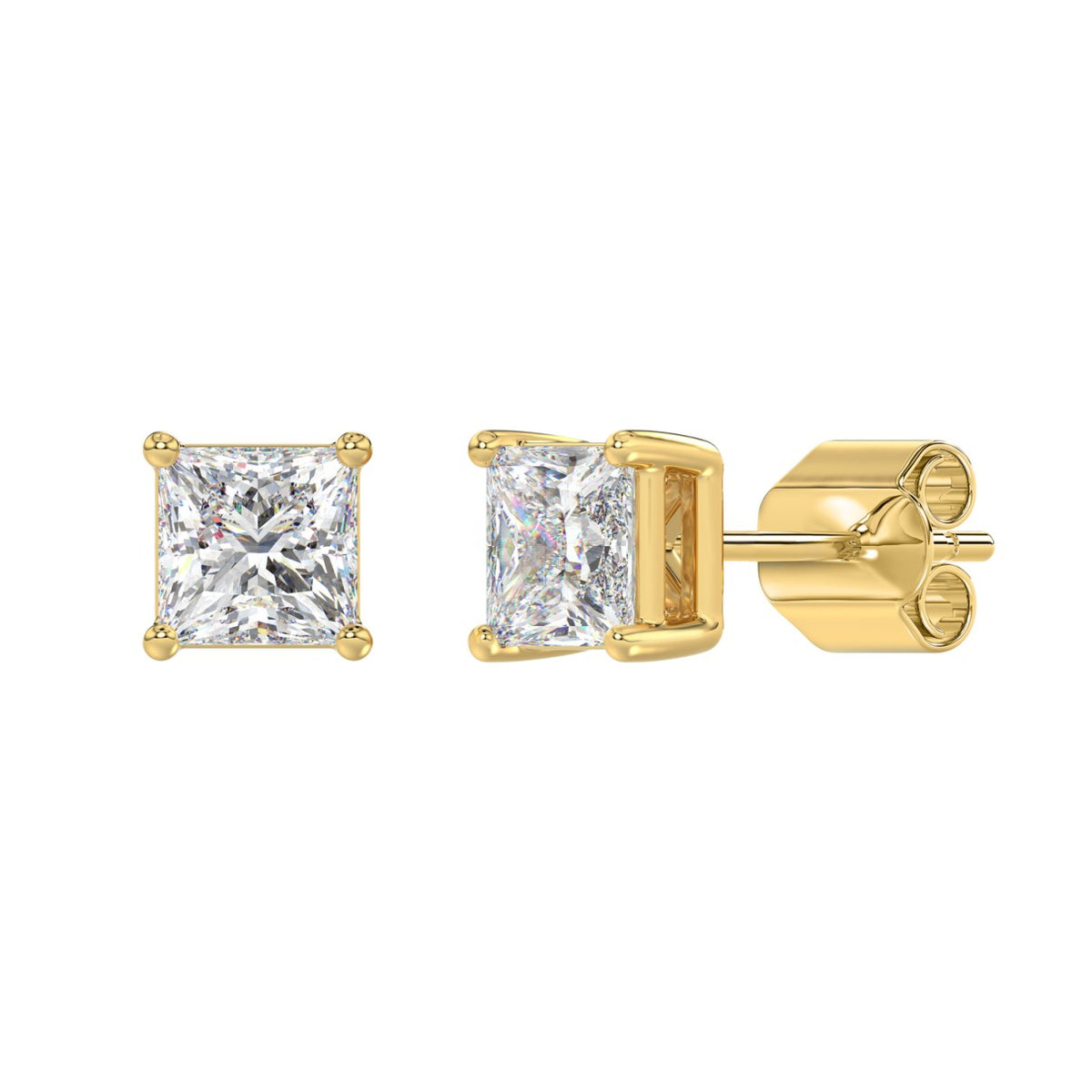 Lab Diamond 4-Prong Princess Stud Earring - 14K Yellow Gold
