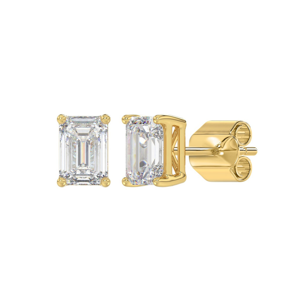 Lab Diamond 4-Prong Emerald Cut Stud Earring - 14K Yellow Gold