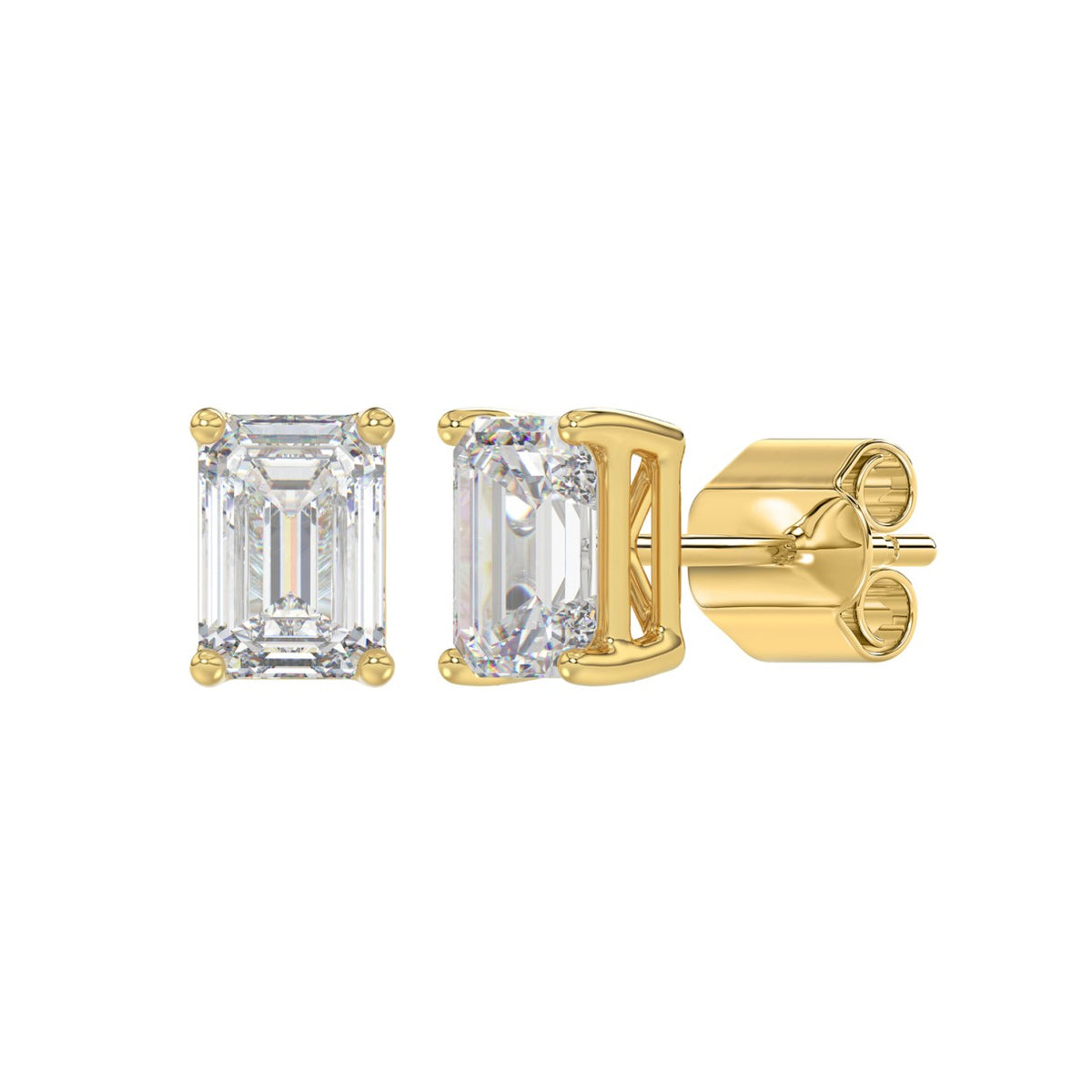 Lab Diamond 4-Prong Emerald Cut Stud Earring - 14K Yellow Gold