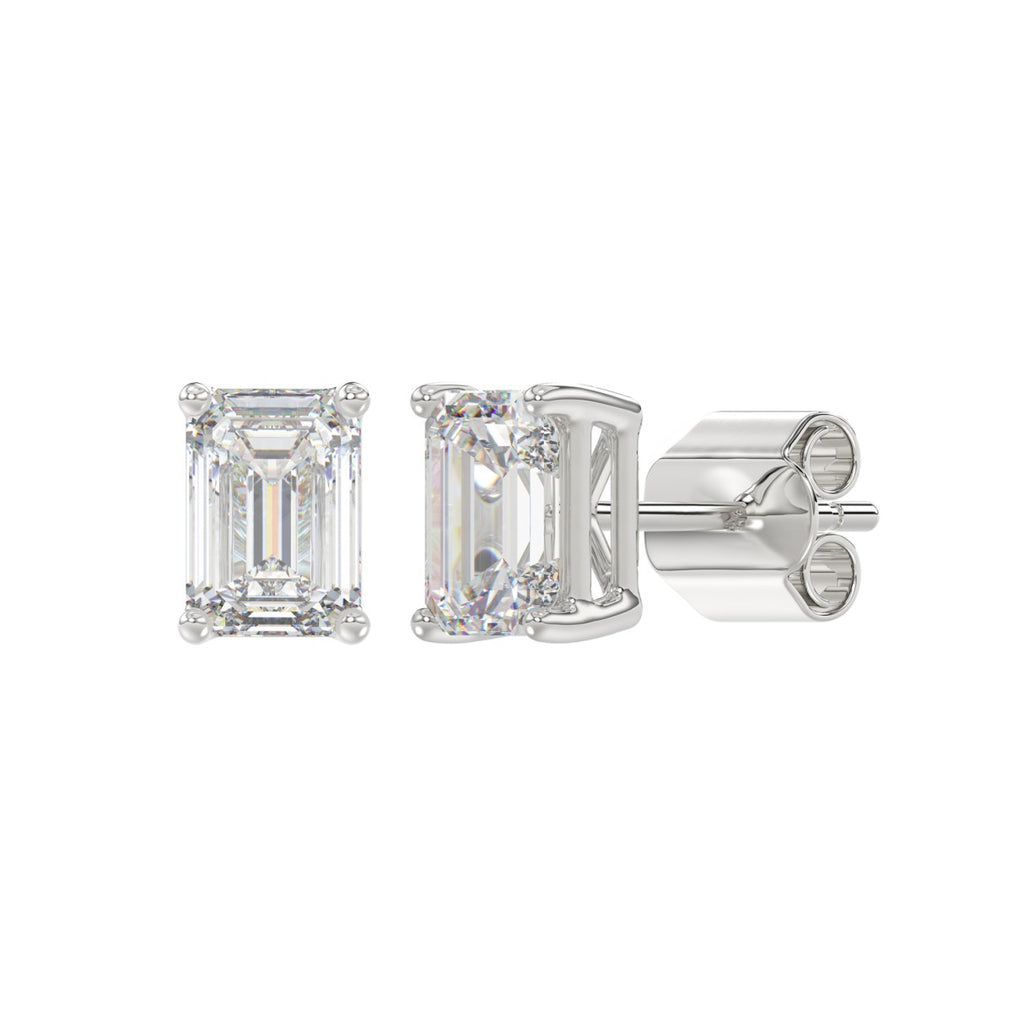 Lab Diamond 4-Prong Emerald Cut Stud Earring - 14K White Gold