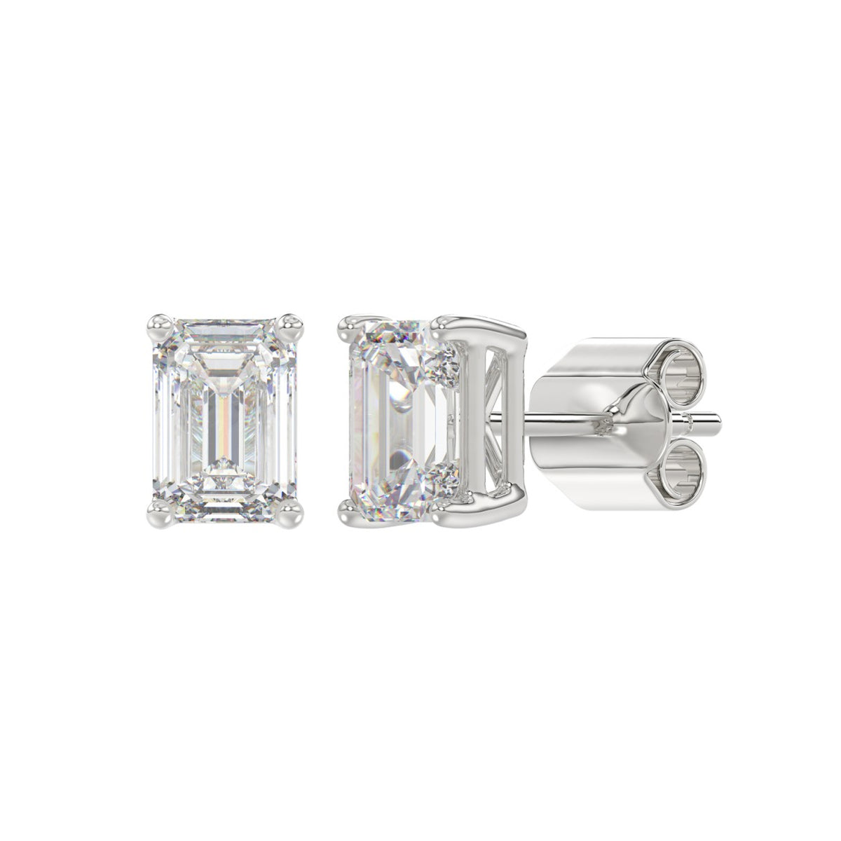 Lab Diamond 4-Prong Emerald Cut Stud Earring - 14K White Gold