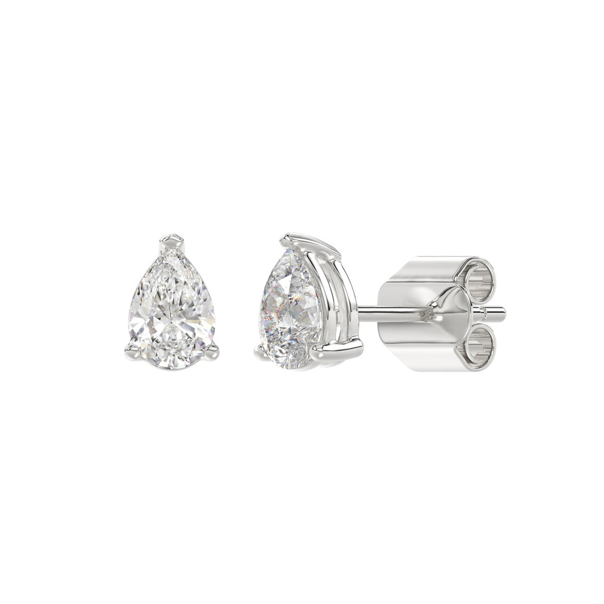 Lab Diamond 3-Prong Pear Stud Earring - 14K White Gold