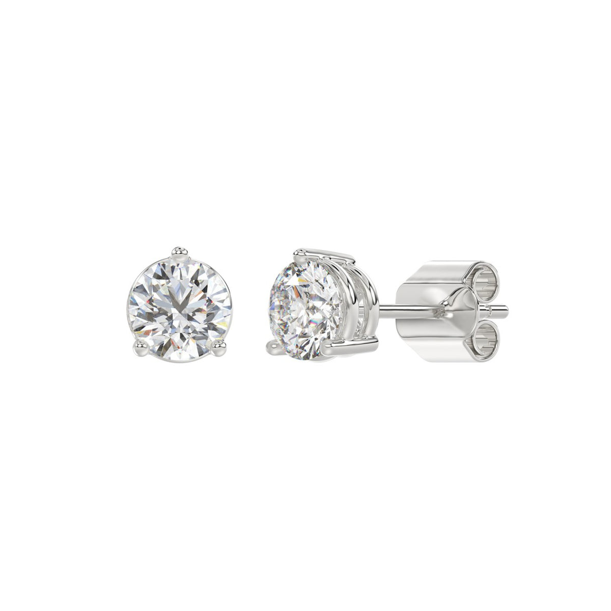 3 Prong Basket Pushback Stud Earrings - 10K White Gold