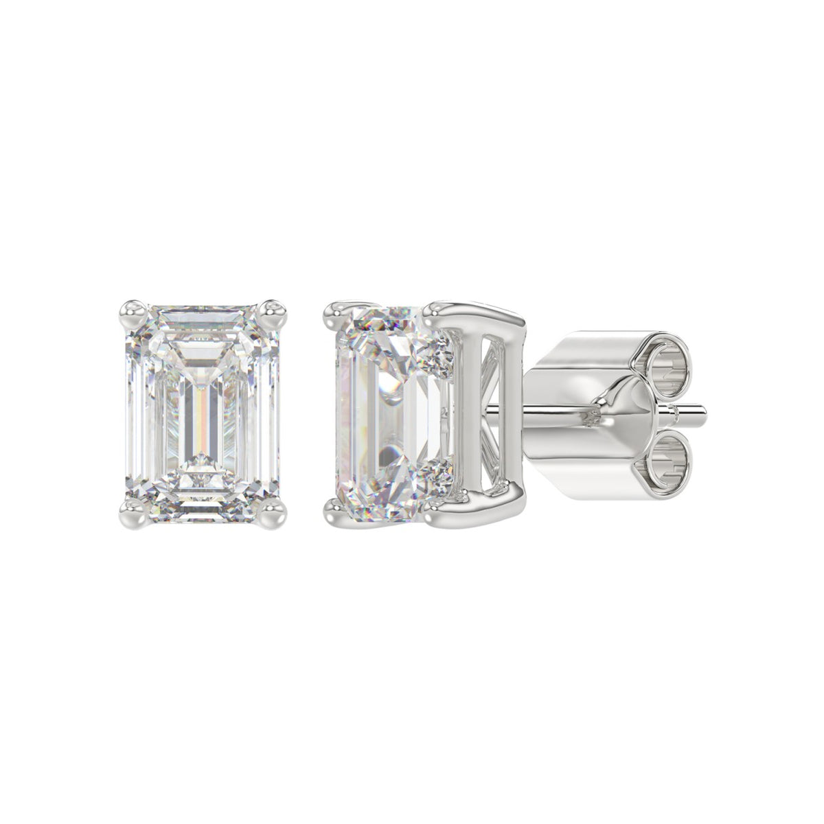 Lab Diamond 4-Prong Emerald Cut Stud Earring - 14K White Gold