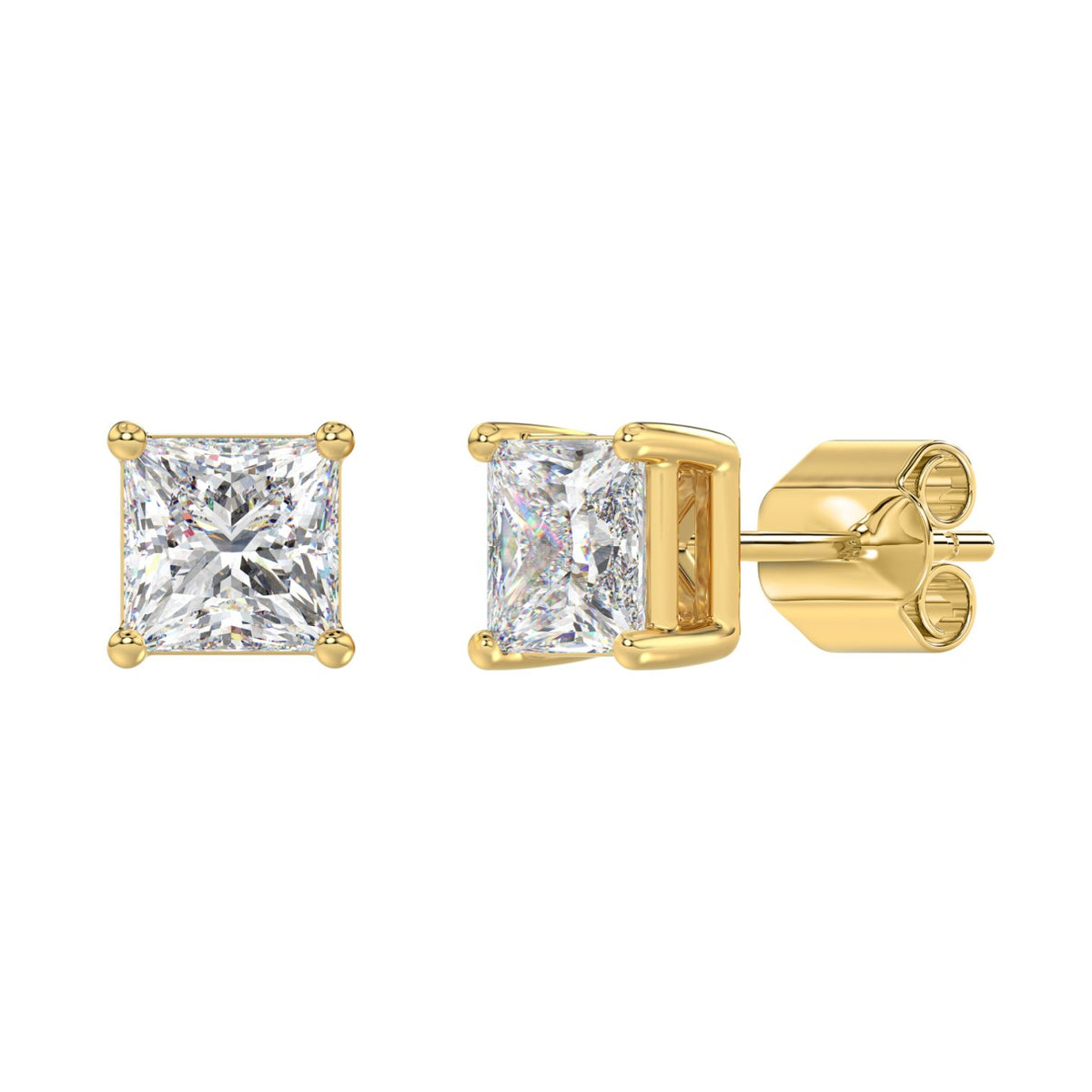 Lab Diamond 4-Prong Princess Stud Earring - 14K Yellow Gold