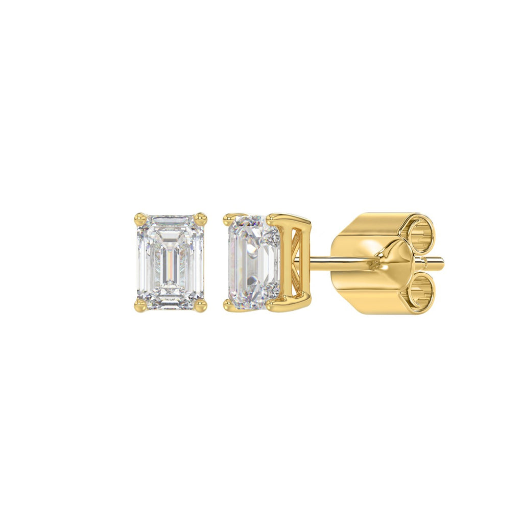 Lab Diamond 4-Prong Emerald Cut Stud Earring - 14K Yellow Gold