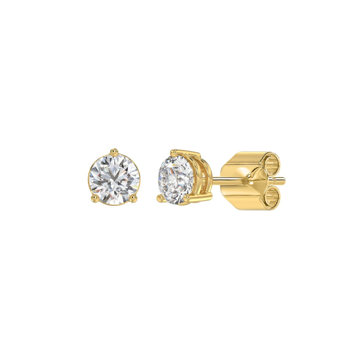 3 Prong Basket Pushback Stud Earrings - 10K Yellow Gold