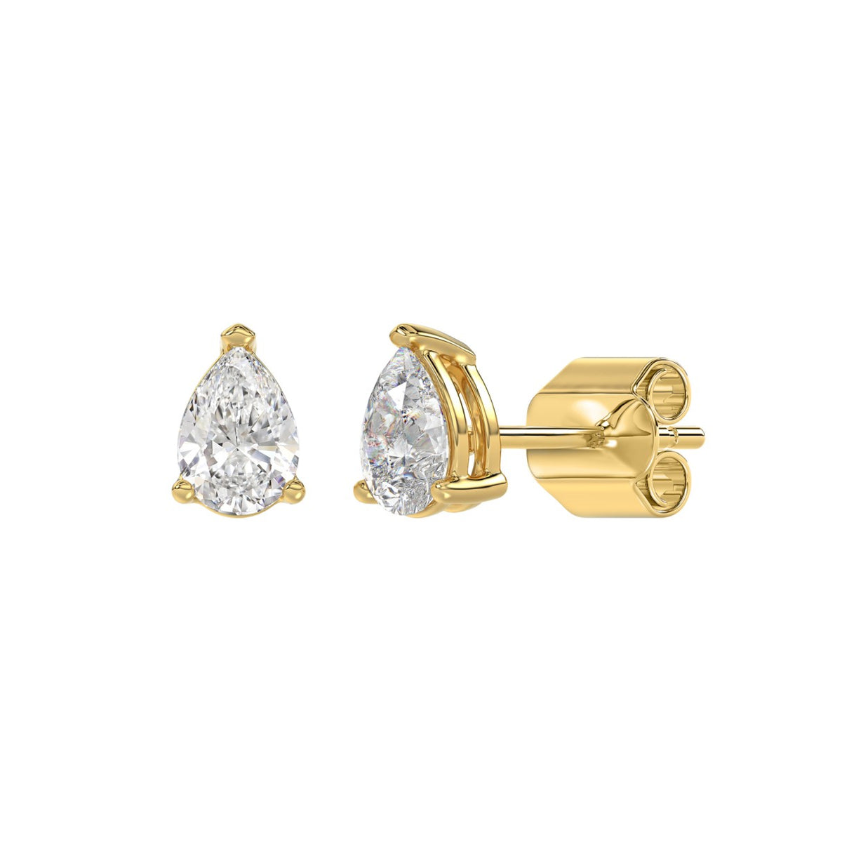Lab Diamond 3-Prong Pear Stud Earring - 14K Yellow Gold