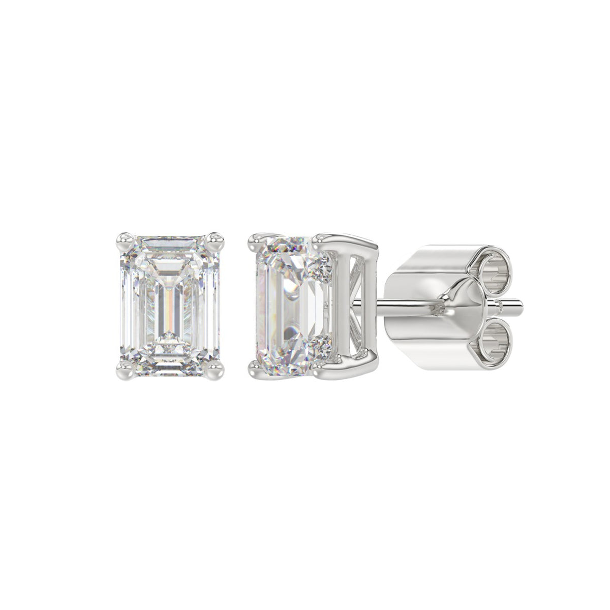 Lab Diamond 4-Prong Emerald Cut Stud Earring - 14K White Gold