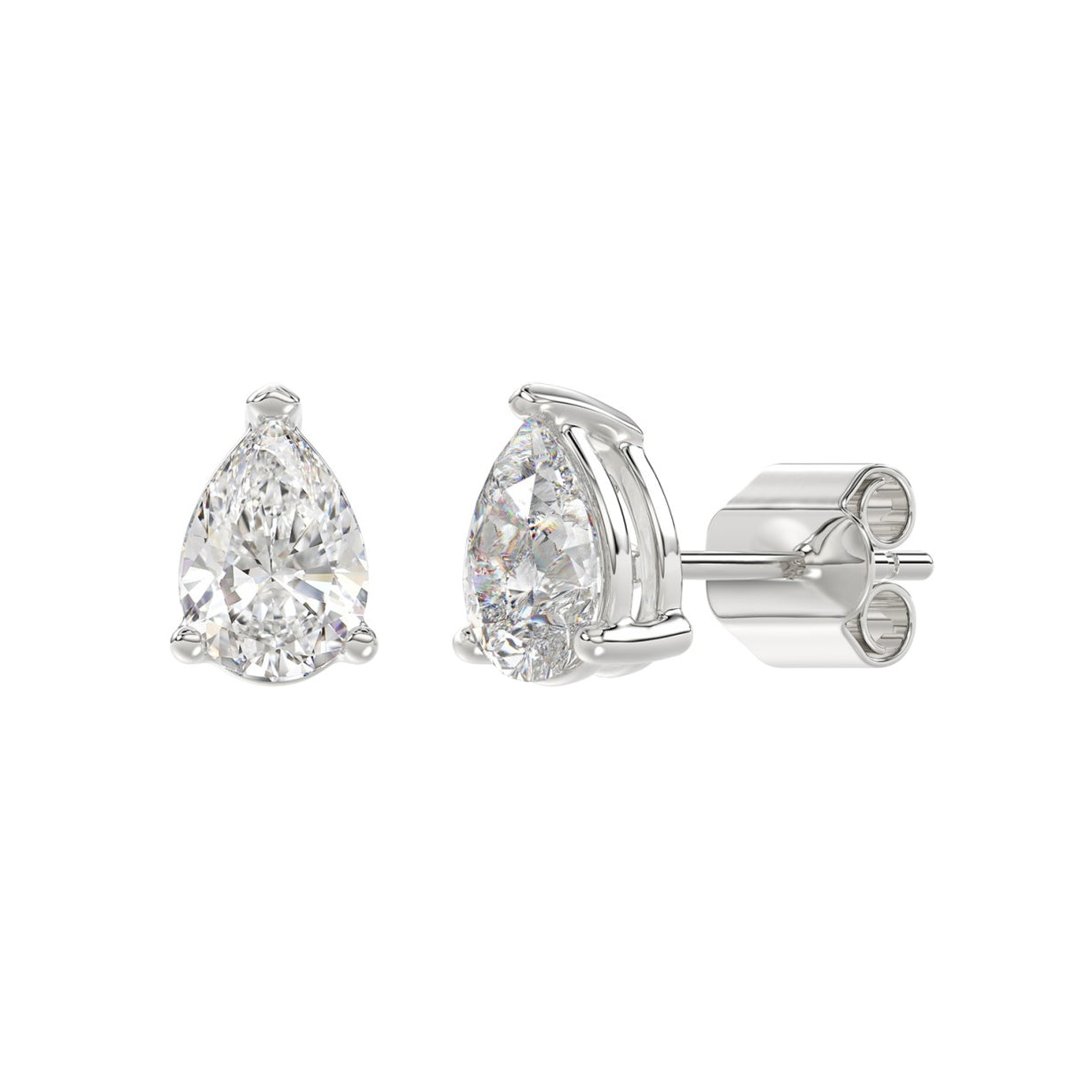 Lab Diamond 3-Prong Pear Stud Earring - 14K White Gold
