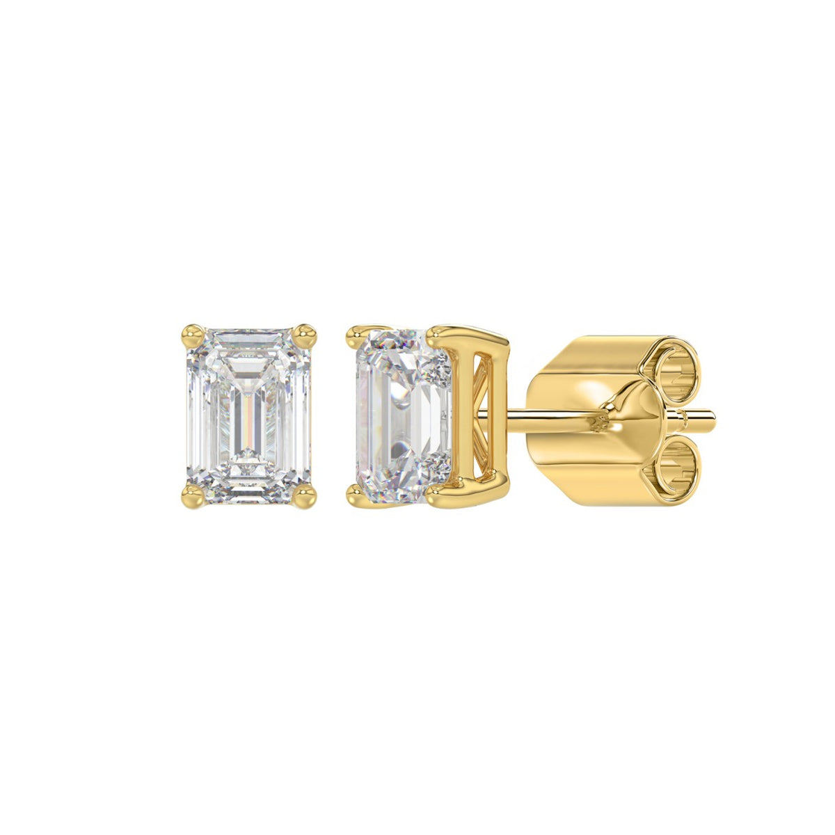 Lab Diamond 4-Prong Emerald Cut Stud Earring - 14K Yellow Gold